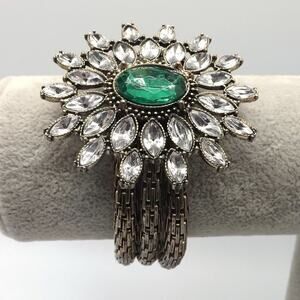 Green Clear Rhinestone Pendant Bracelet, Silver Tone, Stretch, 7 Inches